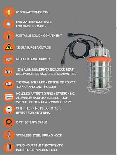 100W Led Temporary Work Light Fixture 12000LM 5000K - Jobsite Construction Site- 5 years Warranty